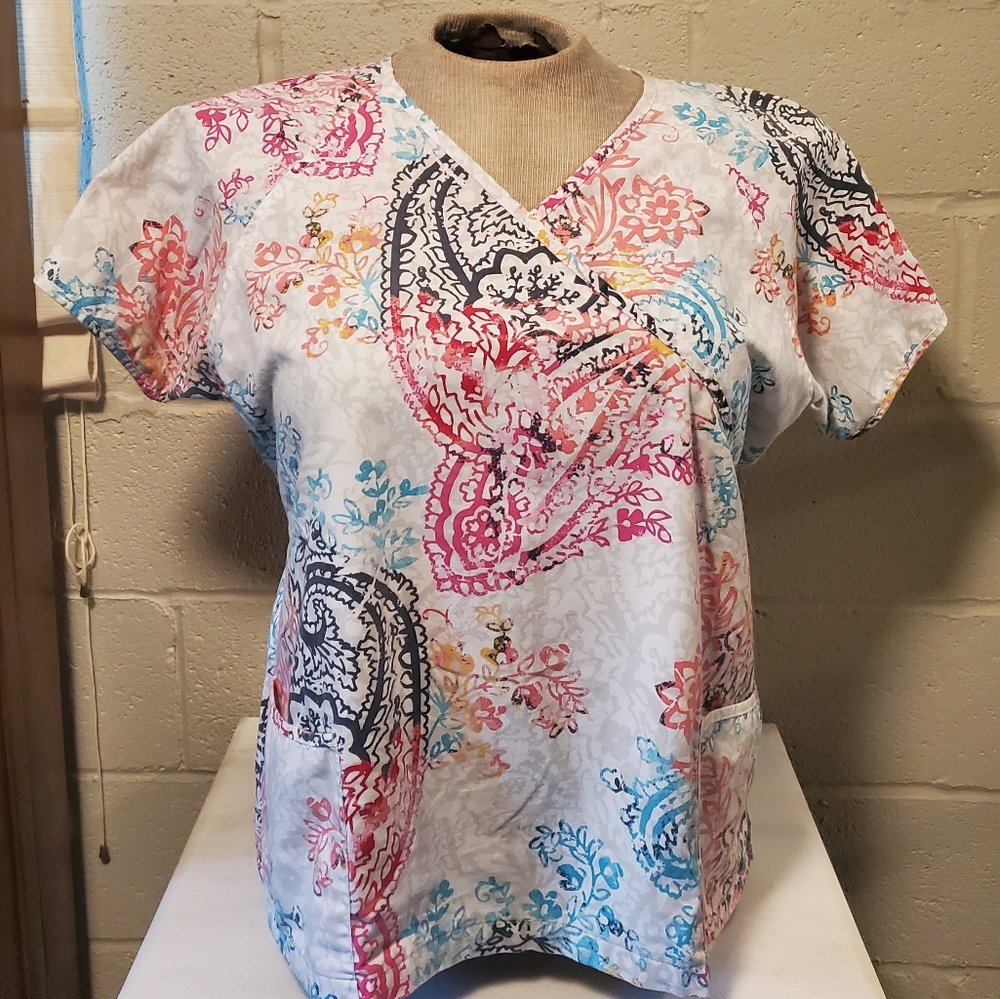 Paisley mock wrap scrub top
